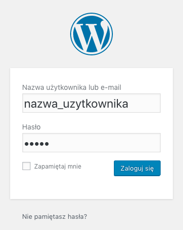 Ekran logowania do WordPressa (do wpisania mamy nazwę użytkownika i hasło)